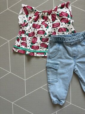 Rosie Pope|Baby girl summer set,watermelon print top & cargo jeans,12M•••Boho